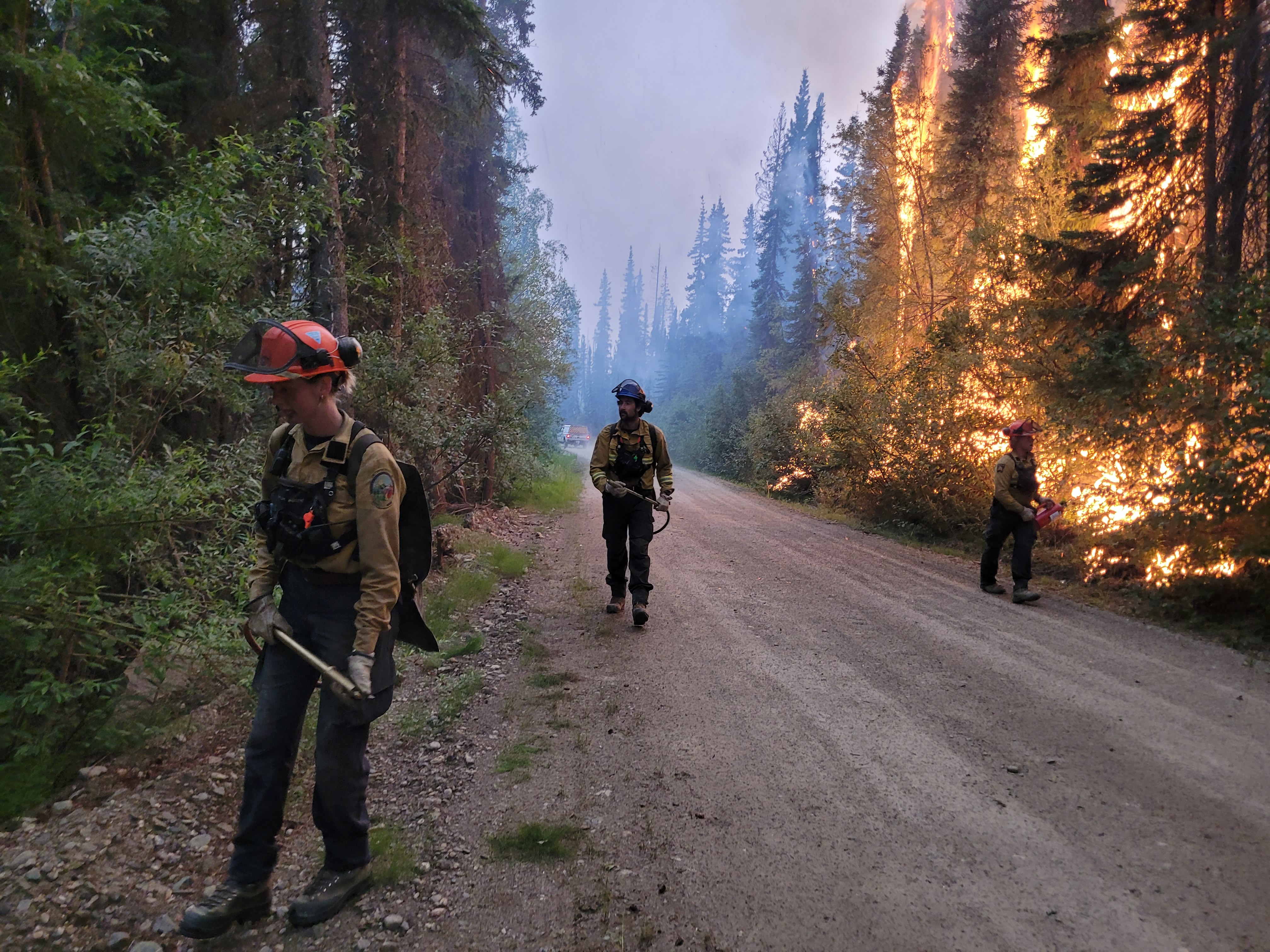 Wildland firefighters patrol a fireline in the Mayo area.