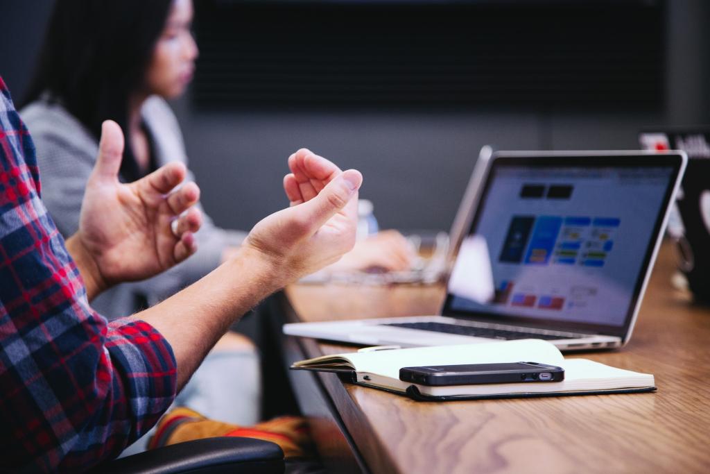 Person with a laptop talking in a meeting