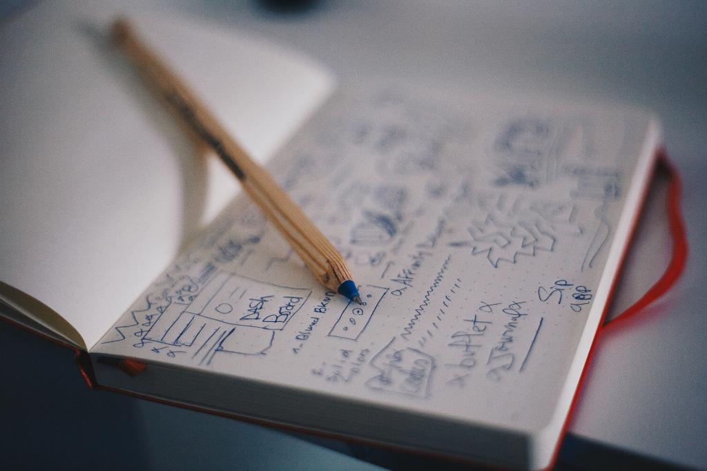 Close up of a pen laying across an open notebook filled with writing and sketches.