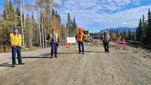 Left to right: Village of Haines Junction Mayor Thomas Eckervogt, Member of Parliament for Yukon Larry Bagnell, Yukon Minister of Highways and Public Works Richard Mostyn and Champagne and Aishihik First Nations Dän nätthe äda Kaaxnox (Chief Steve Smith)