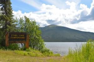 Campground sign and view of lake, Ethel Lake Campground