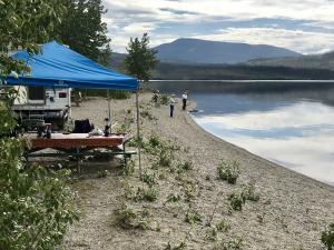 Beach camping at Little Salmon Lake Campground, Yukon